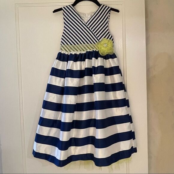 Nanette girl spring dressy fancy party dress size 6x navy white stripes flower - Picture 6 of 13